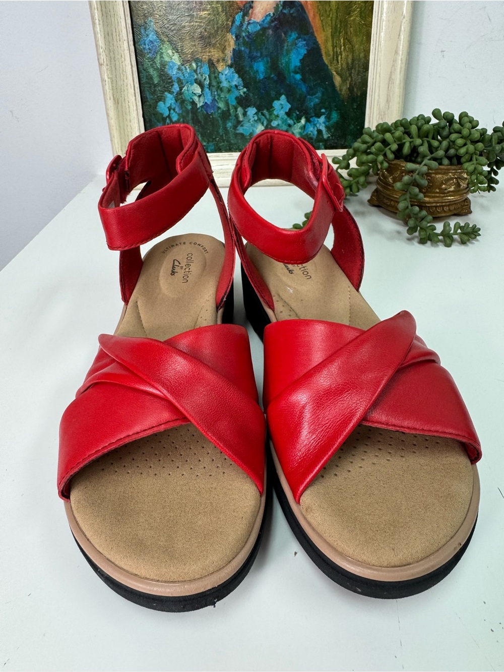 Clark’s Collection Jillian Bella Red Leather Wedge Ankle Strap Sandals, 7
